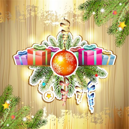 simsearch:400-06514635,k - Wood background with Christmas ball and gifts Photographie de stock - Aubaine LD & Abonnement, Code: 400-06514636