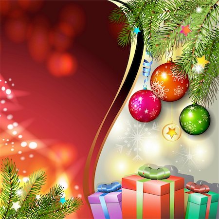 simsearch:400-06514635,k - Red background with Christmas gifts and balls Photographie de stock - Aubaine LD & Abonnement, Code: 400-06514637