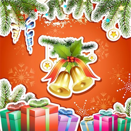 simsearch:400-06514635,k - Red background with Christmas bells and gifts Photographie de stock - Aubaine LD & Abonnement, Code: 400-06514639