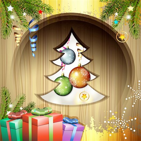 simsearch:400-06514635,k - Wood background with Christmas balls and gifts Photographie de stock - Aubaine LD & Abonnement, Code: 400-06514633