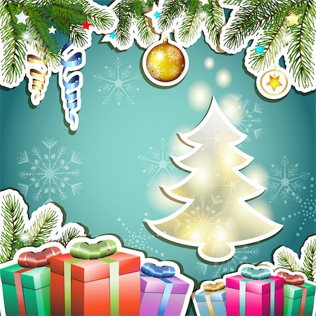 simsearch:400-06514635,k - Christmas card with gifts and pine tree Photographie de stock - Aubaine LD & Abonnement, Code: 400-06514644