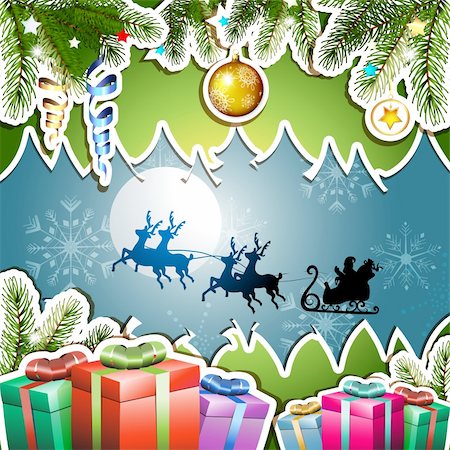 simsearch:400-06514635,k - Blue background with Christmas gifts and Santa sleigh Photographie de stock - Aubaine LD & Abonnement, Code: 400-06514645