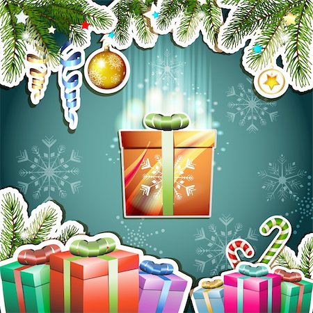 simsearch:400-06514635,k - Christmas card with gifts box Photographie de stock - Aubaine LD & Abonnement, Code: 400-06514649