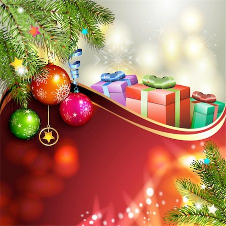 simsearch:400-06514635,k - Red background with Christmas gifts and balls Photographie de stock - Aubaine LD & Abonnement, Code: 400-06514640