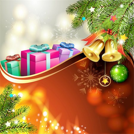 simsearch:400-06514635,k - Red background with Christmas bells and gifts Photographie de stock - Aubaine LD & Abonnement, Code: 400-06514641