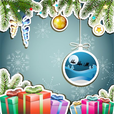 simsearch:400-06514635,k - Blue background with Christmas gifts and Santa sleigh Photographie de stock - Aubaine LD & Abonnement, Code: 400-06514643