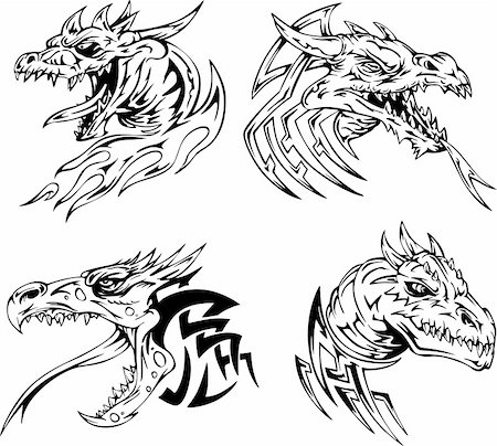 dragon head - Dragon head tattoos. Set of black and white vector illustrations. Photographie de stock - Aubaine LD & Abonnement, Code: 400-06514935