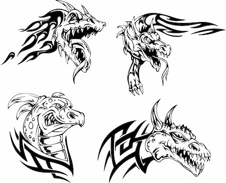dragon head - Dragon heads - tattoo designs. Set of vector illustrations. Stock Photo - Budget Royalty-Free & Subscription, Code: 400-06514942