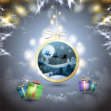 simsearch:400-06514635,k - Christmas with gifts and Santa sleigh in hanging ball shape Photographie de stock - Aubaine LD & Abonnement, Code: 400-06515254