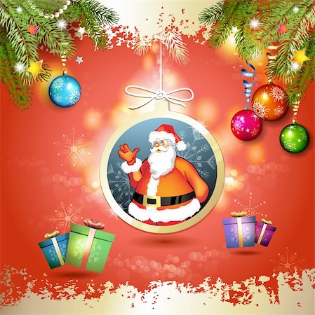 simsearch:400-06514635,k - Christmas with gifts and Santa in hanging ball shape Photographie de stock - Aubaine LD & Abonnement, Code: 400-06515255