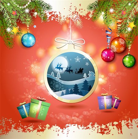 simsearch:400-06514635,k - Christmas with gifts and Santa sleigh in hanging ball shape Photographie de stock - Aubaine LD & Abonnement, Code: 400-06515256