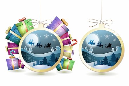 simsearch:400-06514635,k - Christmas with gifts and Santa sleigh in hanging ball shape on white background Photographie de stock - Aubaine LD & Abonnement, Code: 400-06515278