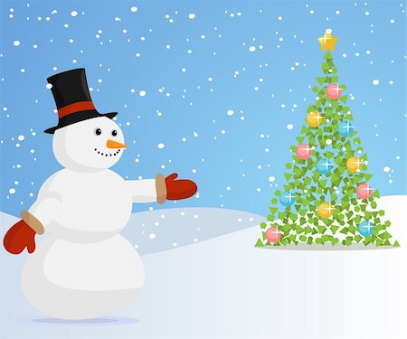 Christmas snowman with hat inviting to the christmas tree. Fotografie stock - Microstock e Abbonamento, Codice: 400-06515415