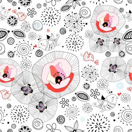 flying bird shape - Seamless graphic pattern with birds in love on a white background with flowers Photographie de stock - Aubaine LD & Abonnement, Code: 400-06515422