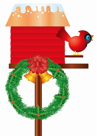 simsearch:400-07218423,k - Christmas Birdhouse with Cardinal Bird and Wreath Bells Holly Berries Winter Decoration Illustration Stockbilder - Microstock & Abonnement, Bildnummer: 400-06515464