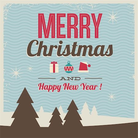 greeting card, merry christmas and happy new year with icons illustration and pattern background, vintage retro style Fotografie stock - Microstock e Abbonamento, Codice: 400-06515685