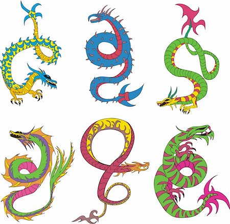 simsearch:400-04992940,k - Long japanese dragon worms. Set of color vector illustrations. Photographie de stock - Aubaine LD & Abonnement, Code: 400-06516086