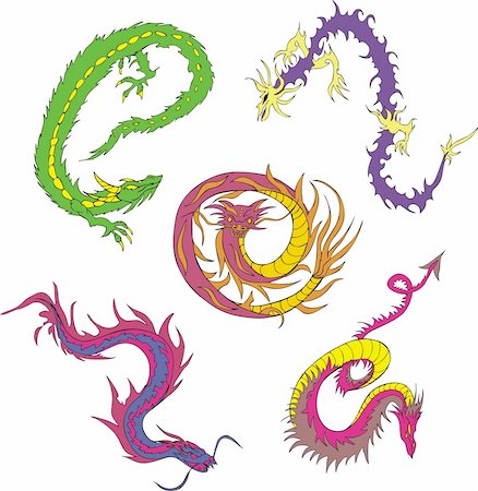 simsearch:400-04992940,k - Long japanese dragon worms. Set of color vector illustrations. Photographie de stock - Aubaine LD & Abonnement, Code: 400-06516087