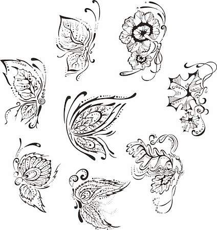 floral tattoo - Ornamental floral butterflies. Set of black and white vector images. Foto de stock - Super Valor sin royalties y Suscripción, Código: 400-06516080