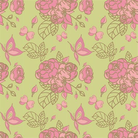 rose butterfly illustration - Seamless floral pattern with vintage roses on green background Stock Photo - Budget Royalty-Free & Subscription, Code: 400-06516097