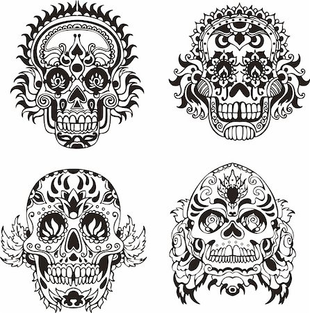 Floral ornamental skulls. Set of black and white vector illustrations. Stock Photo - Budget Royalty-Free & Subscription, Code: 400-06516108