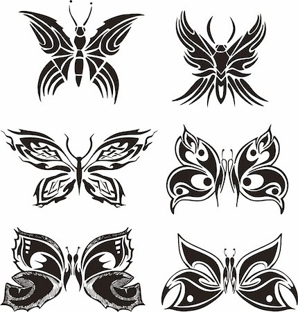 decoration curl - Symmetric butterfly tattoos. Set of black and white vector illustrations. Stock Photo - Budget Royalty-Free & Subscription, Code: 400-06516102