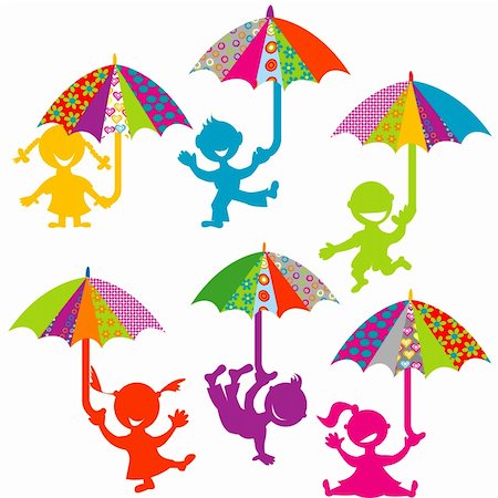 rain little girl - Background with kids playing with colored umbrellas Photographie de stock - Aubaine LD & Abonnement, Code: 400-06517118