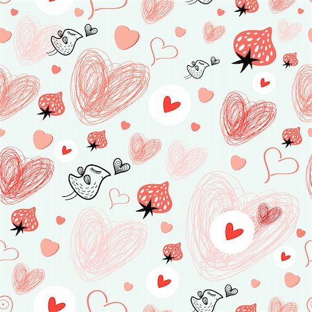 strawberry flying - Seamless bright pattern of hearts and birds on a light blue background with strawberries Stock Photo - Budget Royalty-Free & Subscription, Code: 400-06517376