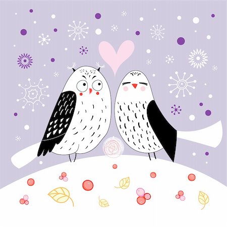 funny love owl on a purple background with snowflakes and berries Stock Photo - Budget Royalty-Free & Subscription, Code: 400-06517377