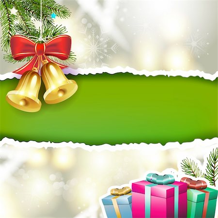 simsearch:400-06514635,k - Christmas bells with pine tree and gifts Photographie de stock - Aubaine LD & Abonnement, Code: 400-06517504