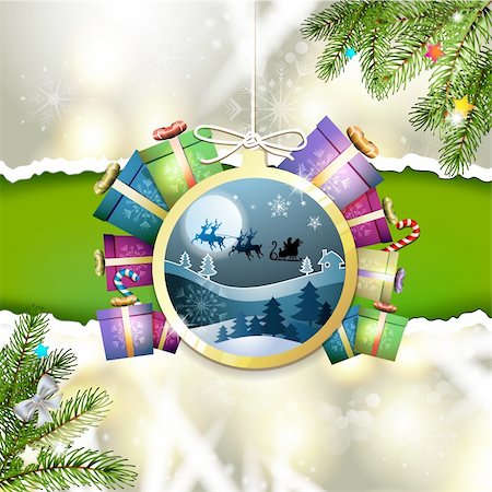 simsearch:400-06514635,k - Christmas with gifts and Santa sleigh in hanging ball shape Photographie de stock - Aubaine LD & Abonnement, Code: 400-06517507