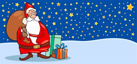 simsearch:400-08260733,k - Greeting Card Cartoon Illustration of Santa Claus or Papa Noel or Father Christmas with Sack full of Christmas Presents Photographie de stock - Aubaine LD & Abonnement, Code: 400-06517584