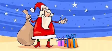 simsearch:400-08260733,k - Greeting Card Cartoon Illustration of Santa Claus or Papa Noel or Father Christmas with Christmas Presents and Stars Photographie de stock - Aubaine LD & Abonnement, Code: 400-06517588