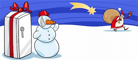 simsearch:400-08260733,k - Greeting Card Cartoon Illustration of Santa Claus or Papa Noel or Father Christmas with Sack of Presents and Happy Snowman Photographie de stock - Aubaine LD & Abonnement, Code: 400-06517589