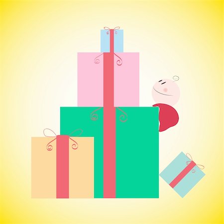 Illustration of a baby boy climbing the gift pile Foto de stock - Royalty-Free Super Valor e Assinatura, Número: 400-06517769