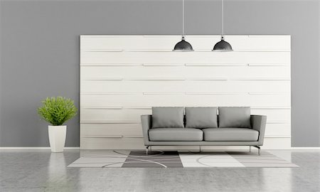 simsearch:400-06396170,k - Modern lounge with white wooden panel and grey couch - rendering Photographie de stock - Aubaine LD & Abonnement, Code: 400-06518451