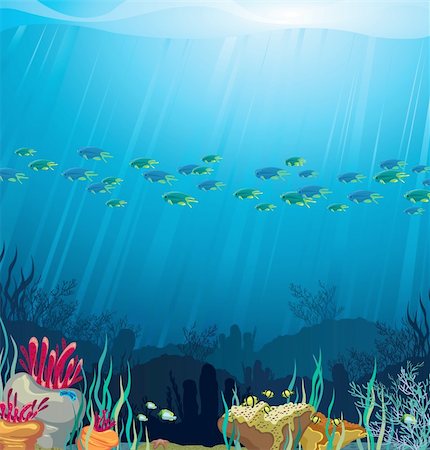 simsearch:400-05901743,k - Underwater life - Coral reef with fish on a blue sea background Stock Photo - Budget Royalty-Free & Subscription, Code: 400-06519174