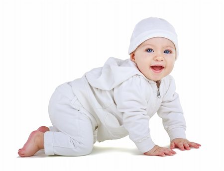 Child in a white suit crawls, isolated on white background Foto de stock - Super Valor sin royalties y Suscripción, Código: 400-06519256