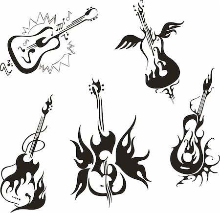 Stylized guitars. Set of black and white vector musical emblems. Stock Photo - Budget Royalty-Free & Subscription, Code: 400-06519711