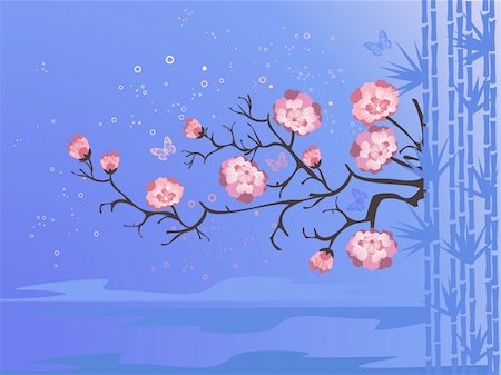 cherry blossoms on a blue background Foto de stock - Super Valor sin royalties y Suscripción, Código: 400-06519730