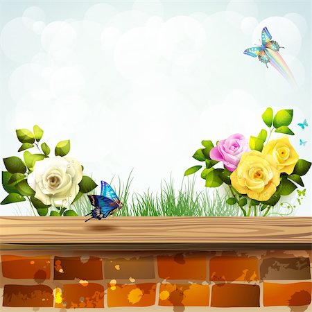 rose butterfly illustration - Landscape with brick wall covered by wood and garden roses Stock Photo - Budget Royalty-Free & Subscription, Code: 400-06513512