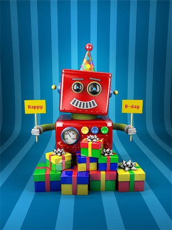 simsearch:400-07301158,k - Little happy vintage toy robot holding birthday signs with presents over blue background Fotografie stock - Microstock e Abbonamento, Codice: 400-06513740