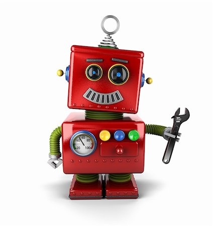 simsearch:400-07511289,k - Toy mechanic robot holding a wrench over white background Fotografie stock - Microstock e Abbonamento, Codice: 400-06513741