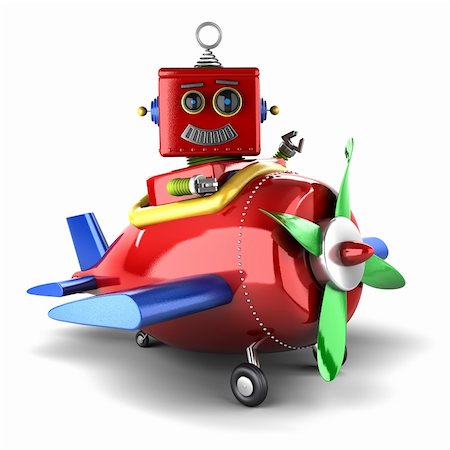 simsearch:400-07511289,k - Happy vintage toy robot sitting in a toy plane over white background Fotografie stock - Microstock e Abbonamento, Codice: 400-06513742