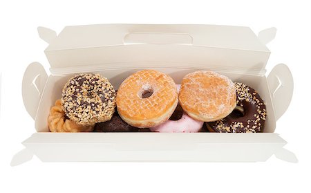 dozen - An open white box contaning various donuts isolated on white. Foto de stock - Super Valor sin royalties y Suscripción, Código: 400-06524510