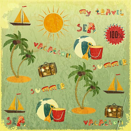 sea postcards vector - Summer Background. Retro Card with Summer Items and hand lettering in Vintage Style. Vector Illustration. Stock Photo - Budget Royalty-Free & Subscription, Code: 400-06524562