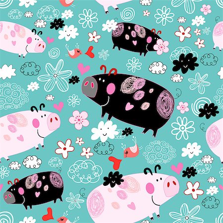 simsearch:400-06524884,k - Seamless jolly pattern of pink and black pigs on a blue background with clouds and flowers Foto de stock - Super Valor sin royalties y Suscripción, Código: 400-06524886