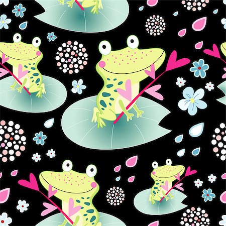 simsearch:400-06524884,k - Seamless pattern of bright cheerful frog lovers on black floral background Foto de stock - Super Valor sin royalties y Suscripción, Código: 400-06524880
