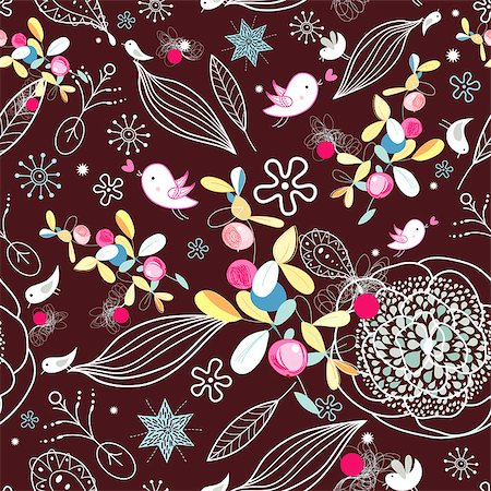 simsearch:400-06524884,k - Seamless floral pattern with birds in love on burgundy background Foto de stock - Super Valor sin royalties y Suscripción, Código: 400-06524883
