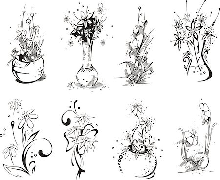 floral tattoo - Stylistic flower embellishments. Vector set EPS8. Foto de stock - Super Valor sin royalties y Suscripción, Código: 400-06525120